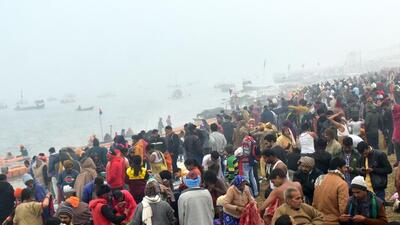 Pilgrims at the Magh Mela in Prayagraj on Friday. (ANIL K MAURYA/HT) Pilgrims at the Magh Mela in Prayagraj on Friday. (ANIL K MAURYA/HT)