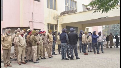 Police deputed outside the Ludhiana civil hospital on Thursday. (Gurpreet Singh/HT)