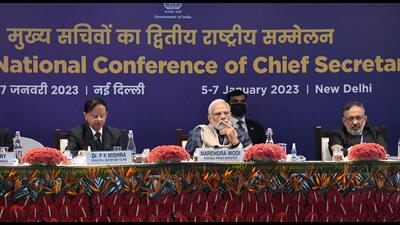 Prime Minister Narendra Modi chairs the national conference of Chief Secretaries, in New Delhi on Friday. (ANI)