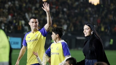 New Al Nassr signing Cristiano Ronaldo with his partner Georgina Rodriguez and kids during his presentation. (REUTERS)