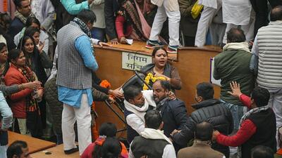 The MCD House, scheduled to elect mayor, deputy mayor and standing committee members, began on a stormy note on Friday. (PTI) The MCD House, scheduled to elect mayor, deputy mayor and standing committee members, began on a stormy note on Friday. (PTI)