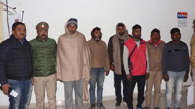 The six arrested for the double murder at Harsaon Police Lines in Ghaziabad on Friday. Two are owners of the land on which they illegal chemical factory was operating and they were booked for murder with common intention. The four others are labourers at the factory who dumped the bodies in jungle areas. They were booked for destruction of evidence. The factory operator is on the run. (Sakib Ali/HT Photo) The six arrested for the double murder at Harsaon Police Lines in Ghaziabad on Friday. Two are owners of the land on which they illegal chemical factory was operating and they were booked for murder with common intention. The four others are labourers at the factory who dumped the bodies in jungle areas. They were booked for destruction of evidence. The factory operator is on the run. (Sakib Ali/HT Photo)
