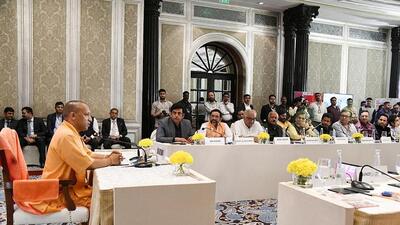 Uttar Pradesh chief minister Yogi Adityanath at an interaction with film personalities, in Mumbai on Thursday. (ANI PHOTO)