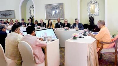 Uttar Pradesh chief minister Yogi Adityanath chairing a meeting in Mumbai on Thursday. (ANI PHOTO) Uttar Pradesh chief minister Yogi Adityanath chairing a meeting in Mumbai on Thursday. (ANI PHOTO)