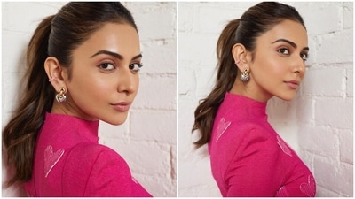 In the end, Rakul chose subtle nude smoky eye shadow, mascara on the lashes, on-fleek brows, glossy pink lip shade, rouged cheekbones, glowing base, and beaming highlighter for the glam picks. A centre-parted sleek ponytail gave the final touch. (Instagram) In the end, Rakul chose subtle nude smoky eye shadow, mascara on the lashes, on-fleek brows, glossy pink lip shade, rouged cheekbones, glowing base, and beaming highlighter for the glam picks. A centre-parted sleek ponytail gave the final touch. (Instagram)