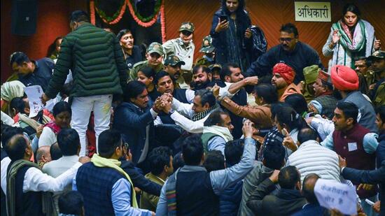 AAP and BJP councillors clash during the oath-taking ceremony and election of mayor and deputy mayor at the MCD civic centre in New Delhi.