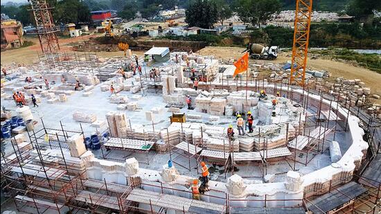 An aerial view of the under-construction Ram Janmabhoomi temple, in Ayodhya. (ANI) An aerial view of the under-construction Ram Janmabhoomi temple, in Ayodhya. (ANI)