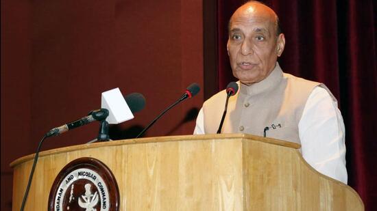 Defence minister Rajnath Singh at the Andaman and Nicobar Command, the only operational joint services command of India, in Port Blair on Thursday. (PIB Photo) Defence minister Rajnath Singh at the Andaman and Nicobar Command, the only operational joint services command of India, in Port Blair on Thursday. (PIB Photo)