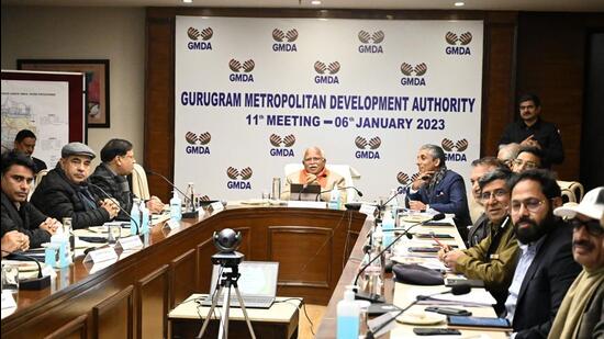 Gurugram, India-January 06, 2023: Manohar Lal Khattar, Chief Minister during the meeting with GMDA (Gurugram Metropolitan Development Authority) officials in PWD rest house near SCERT, in Gurugram, India, on Friday, 06 January 2023. (Photo by Parveen Kumar/Hindustan Times)(Pic to go with Abhishek's story)