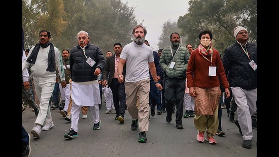 Rahul Gandhi walking during the Bharat Jodo Yatra. (PTI) Rahul Gandhi walking during the Bharat Jodo Yatra. (PTI)