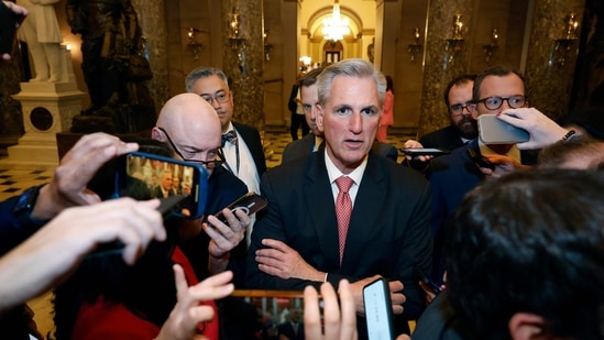 US House Republican Leader Kevin McCarthy (R-CA) talks to reporters as he leaves the House Chamber during the third day of elections for Speaker of the House at the US Capitol Building on Thursday in Washington, DC. (Getty Images via AFP)