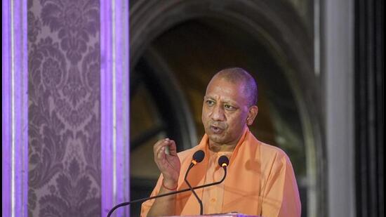 Uttar Pradesh chief minister Yogi Adityanath at a session on investment opportunities in Uttar Pradesh. (PTI PHOTO)