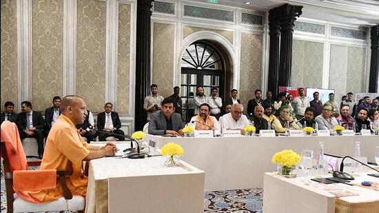 Uttar Pradesh chief minister Yogi Adityanath at an interaction with film personalities, in Mumbai on Thursday. (ANI PHOTO)