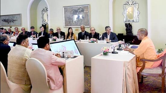 Uttar Pradesh chief minister Yogi Adityanath chairing a meeting in Mumbai on Thursday. (ANI PHOTO)