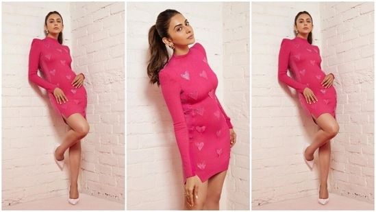 On Thursday, Rakul Preet shared the photo on Instagram with the caption, "I'm a girl wholeheartedly #chhatriwalionzee5 Jan 20." The post shows Rakul serving glamor in a hot pink ensemble from the shelves of designer Sameer Madan's clothing brand of the same name.  Celebrity stylist Anshika Verma styled Rakul in a stylish outfit.  (Instagram)