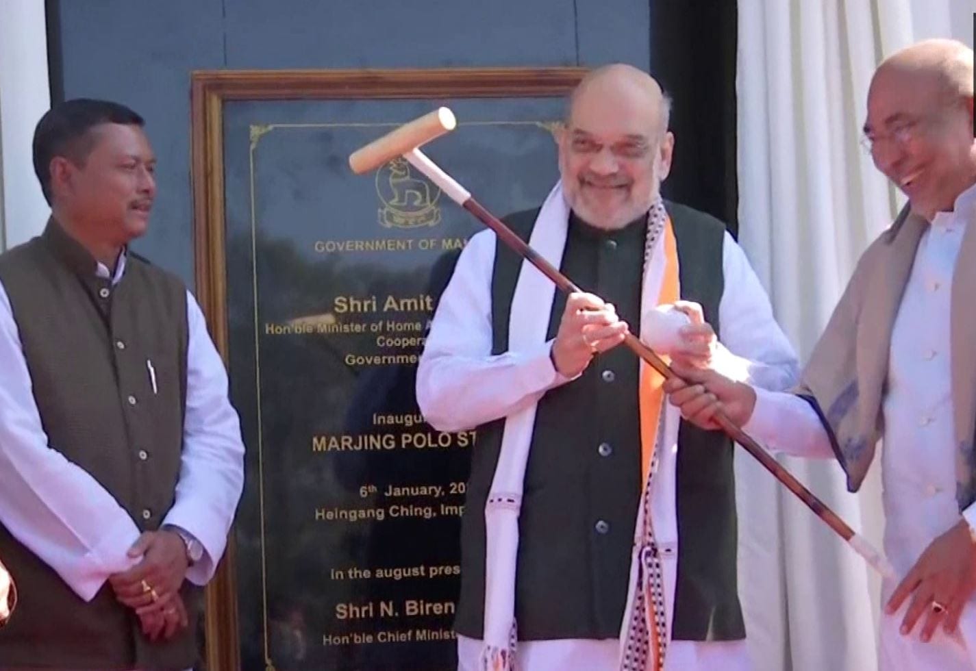 Union minister Amit Shah at the Marjing Polo Statue inauguration. Manipur CM N Biren Singh (Right) in picture.  (ANI)