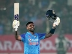 Suryakumar Yadav celebrates his century during the 3rd T20 cricket match between India and Sri Lanka at Saurashtra Cricket Association Stadium(PTI) Suryakumar Yadav celebrates his century during the 3rd T20 cricket match between India and Sri Lanka at Saurashtra Cricket Association Stadium(PTI)