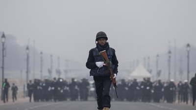 Indian Navy soldiers rehearse for the Republic Day parade on Kartavya Path, on January 6. (Adnan Abidi / Reuters) Indian Navy soldiers rehearse for the Republic Day parade on Kartavya Path, on January 6. (Adnan Abidi / Reuters)