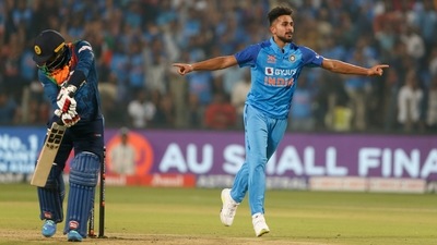 India's Umran Malik celebrates Sri Lanka's wicket during the 2nd T20I match between India and Sri Lanka, at Maharashtra Cricket Association Stadium, in Pune on Thursday. (ANI Photo) (ANI) India's Umran Malik celebrates Sri Lanka's wicket during the 2nd T20I match between India and Sri Lanka, at Maharashtra Cricket Association Stadium, in Pune on Thursday. (ANI Photo) (ANI)
