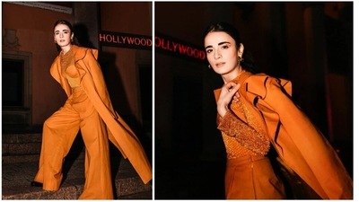 On the second day of the screening of Sanaa at the Tallin Black Nights Film Festival in Estonia, Europe the Radhika Madan donned a chic tangerine outfit. (Instagram/@radhikamadan) On the second day of the screening of Sanaa at the Tallin Black Nights Film Festival in Estonia, Europe the Radhika Madan donned a chic tangerine outfit. (Instagram/@radhikamadan)