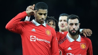 Manchester United's English striker Marcus Rashford (L) celebrates with teammates after scoring their third goal from the penalty spot during the English FA Cup match vs Everton at Old Trafford (AFP) Manchester United's English striker Marcus Rashford (L) celebrates with teammates after scoring their third goal from the penalty spot during the English FA Cup match vs Everton at Old Trafford (AFP)