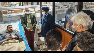J&K L-G Manoj Sinha visits GMC Hospital to inquire about the health of civilians injured in Rajouri terror attack, in Jammu, Saturday. (PTI) J&K L-G Manoj Sinha visits GMC Hospital to inquire about the health of civilians injured in Rajouri terror attack, in Jammu, Saturday. (PTI)