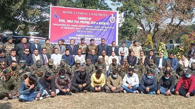Manipur chief minister N Biren Singh, accompanied by Rajya Sabha MP Leishemba Sanajaoba, council of ministers and director general of police (DGP) welcomed the cadres. (Sourced) Manipur chief minister N Biren Singh, accompanied by Rajya Sabha MP Leishemba Sanajaoba, council of ministers and director general of police (DGP) welcomed the cadres. (Sourced)