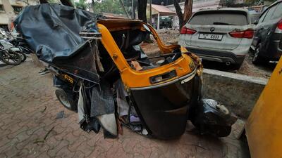 Thane, India - January 07, 2023: Mangled remains of an autorickshaw whose driver died after a car rammed into it early in the morning, at Manpada, on Ghodbunder Road, in Thane, India, on Saturday, January 07, 2023. (Praful Gangurde/HT Photo) (HT PHOTO) Thane, India - January 07, 2023: Mangled remains of an autorickshaw whose driver died after a car rammed into it early in the morning, at Manpada, on Ghodbunder Road, in Thane, India, on Saturday, January 07, 2023. (Praful Gangurde/HT Photo) (HT PHOTO)