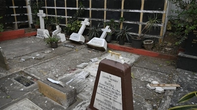 Several holy crosses vandalised at St. Michael's Church in Mahim. (Satish Bate/HT photo) Several holy crosses vandalised at St. Michael's Church in Mahim. (Satish Bate/HT photo)