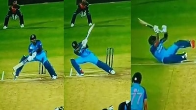 Suryakumar Yadav ramped a delivery for a sublime six in the third T20I between India vs Sri Lanka. (Twitter) Suryakumar Yadav ramped a delivery for a sublime six in the third T20I between India vs Sri Lanka. (Twitter)