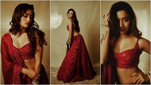 The latest photohoot of Rashmika Madanna in a red lehenga. (Instagram)