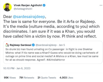 Vivek Agnihotri has tweeted about the Air India urination incident.