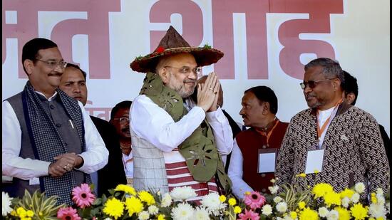 Amit Shah at the rally in Chaibasa Saturday. (PTI)