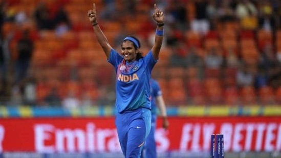 Shikha Pandey celebrates a wicket for India.(Getty Images)