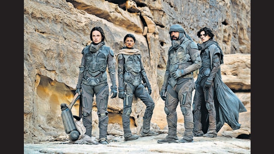 Rebecca Ferguson, Zendaya, Javier Bardem and Timothee Chalamet in the 2021 film Dune. Part 2 is due out in November. (Chia Bella James)