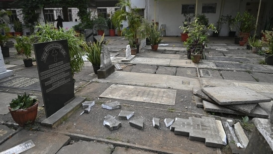 Vandalised crosses at St. Michael's Church in Mahim.(Satish Bate/HT photo)