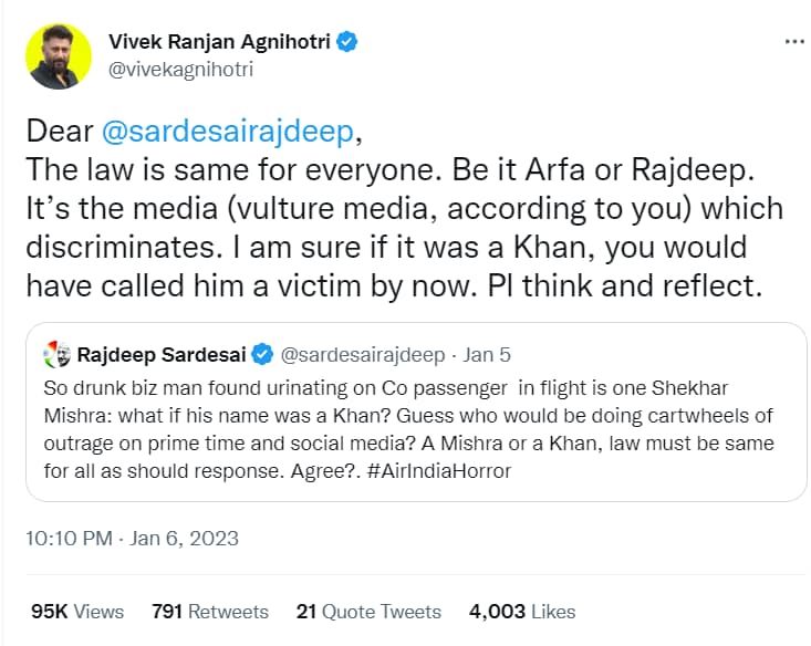 Vivek Agnihotri has tweeted about the Air India urination incident.