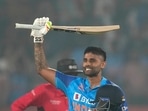 India's Suryakumar Yadav celebrates after scoring a century during the third Twenty20 cricket match between India and Sri Lanka in Rajkot, India, Saturday, Jan. 7, 2023. (AP Photo/Ajit Solanki)