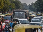 Traffic congestion near India Gate in New Delhi. (PTI Photo)
