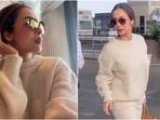 Malaika Arora's stunning airport look in off-white sweatshirt and joggers.(Instagram) Malaika Arora's stunning airport look in off-white sweatshirt and joggers.(Instagram)