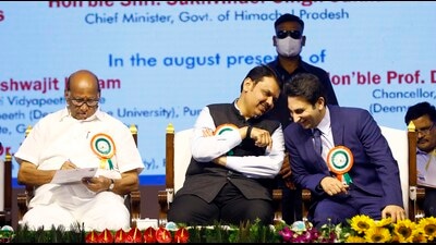 (From left) NCP chief Sharad Pawar (L), Deputy Chief Minister Devendra and Adar Poonawalla at the Inauguration Bharti Vidyapeeth Super Speciality Hospita at Bharti Vidyapeeth, Katraj on Sunday. (Rahul Raut/HT PHOTO) (From left) NCP chief Sharad Pawar (L), Deputy Chief Minister Devendra and Adar Poonawalla at the Inauguration Bharti Vidyapeeth Super Speciality Hospita at Bharti Vidyapeeth, Katraj on Sunday. (Rahul Raut/HT PHOTO)