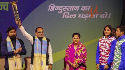 Madhya Pradesh chief minister Shivraj Singh Chouhan released the mascot ‘Mowgli’, the smart torch ‘Amarkantak’ and the theme song of Khelo India Youth Games in Bhopal on Saturday. (PTI)