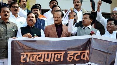 Nagpur, Dec 30 (ANI): Leader of Opposition in Maharashtra Legislative Assembly Ajit Pawar with Maha Vikas Aghadi (MVA) MLAs stage a protest demanding the removal of State Governor Bhagat Singh Koshyari outside State Assembly during the Winter Session, in Nagpur on Friday. (ANI Photo) (Chandrakant Paddhane)