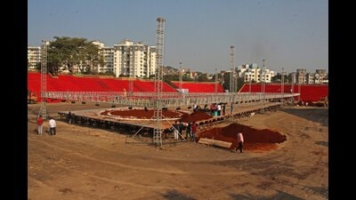 Preparation for Maharashtra Kesari wrestling competition in progress at Kothrud in Pune on Sunday. (RAVINDRA JOSHI/ HT PHOTO)
