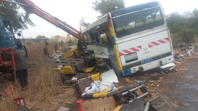 View of the scene of the bus accident in Kaffrine, central Senegal, on Friday where over 40 people have died and scores were injured when two buses collided. (AFP)