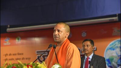 Uttar Pradesh chief minister Yogi Adityanath at a seminar in Varanasi on Sunday. (HT PHOTO)