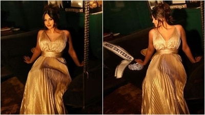 Miss Universe Harnaaz Sandhu's latest pics in gold gown delights her fans. (Instagram) Miss Universe Harnaaz Sandhu's latest pics in gold gown delights her fans. (Instagram)