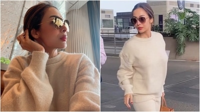 Malaika Arora's stunning airport look in off-white sweatshirt and joggers. (Instagram) Malaika Arora's stunning airport look in off-white sweatshirt and joggers. (Instagram)