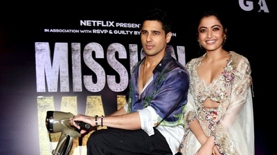 Sidharth Malhotra and Rashmika Mandanna pose for pictures during the song launch of Mission Majnu. (PTI)