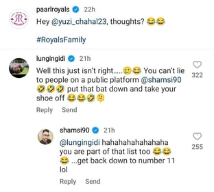 Screenshot of the online banter between Tabraiz Shamsi and Lungi Ngidi Screenshot of the online banter between Tabraiz Shamsi and Lungi Ngidi